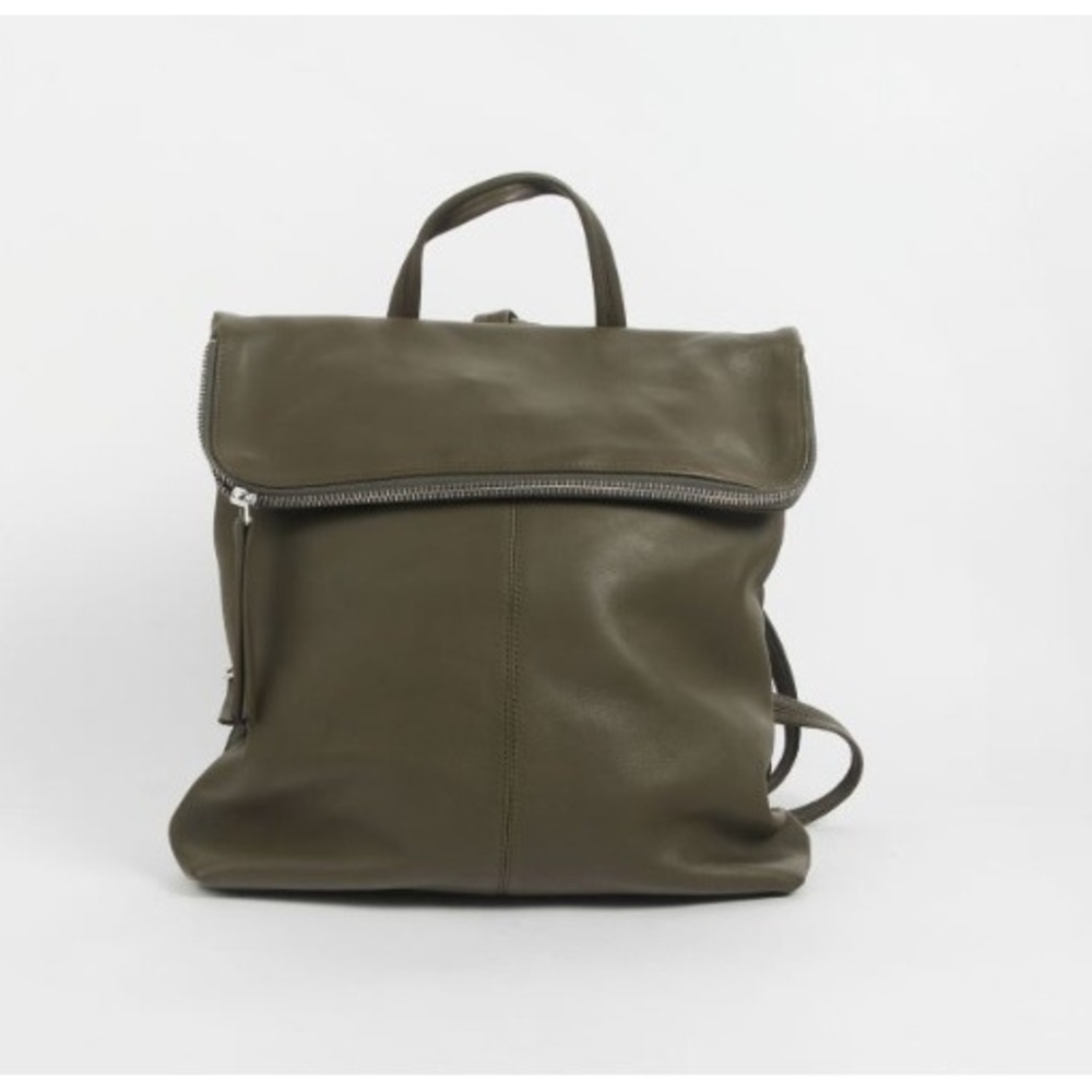 Naterra Dora Olive Green Supple Lambskin Leather Foldover Backpack Purse Bag